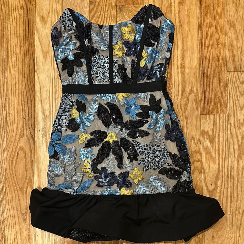 Blue and Yellow Ruffled Bodycon Cocktail Dress